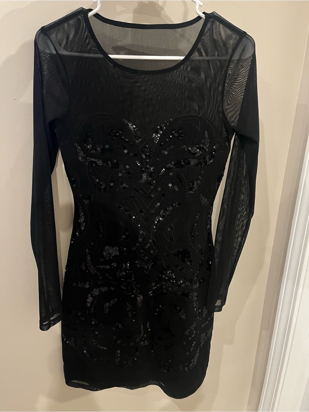 Express Black Sequin Mesh Long-Sleeve Dress